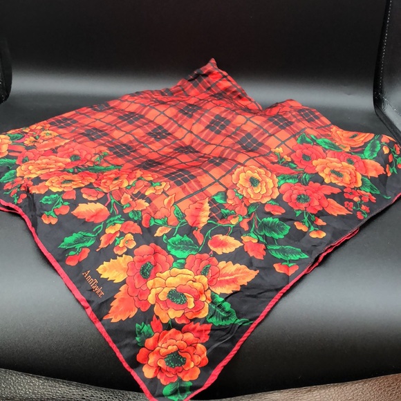 Vintage Ann Taylor Silk Scarf, 34" Square Red Floral, Black and Red Check Center - Picture 4 of 8